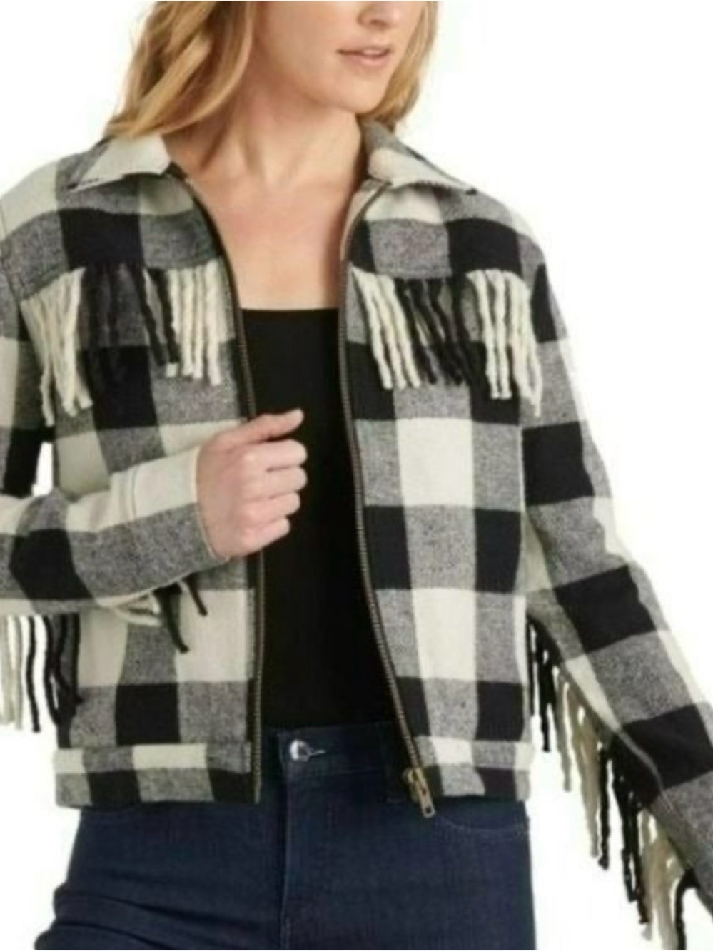 Lucky Brand Buffalo Plaid Fringe Jacket M Black White Checked Western Wool Blend